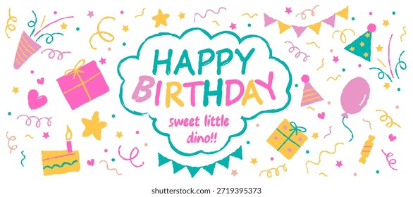 Nette Buntstil-Party-Elemente mit Geschenkboxen, Ballons, Konfetti und Sternen, einzeln. Festliches Doodle-Feier-Banner mit handgezeichneter Dekoration. Lustige Urlaubssammlung für Kinderstimmung.