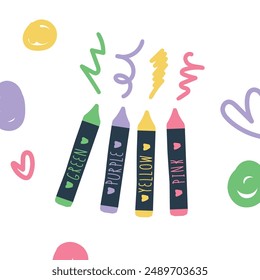 Cute crayon vector set. Back to school concept. School and art supplies vector. Stationery. Crayon box. Learning and education concept. Flat vector style