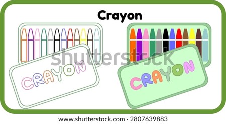 Cute crayons in a box coloring page activity sheet with a colored example side-by-side. Educational worksheet for preschool and kindergarten kids to learn color recognition and vocabulary.