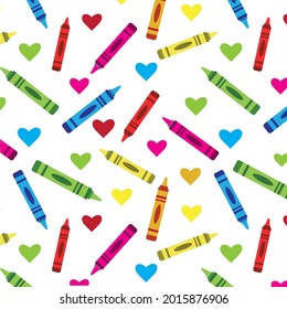 Cute Crayons seamless pattern in red, orange, yellow, pink, green and blue with hearts in different colors. vectors. For back to school, posters, textile, gifts and wrapping papers