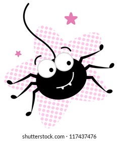 Cute crazy black spider in pink star