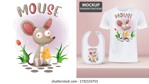Cute Crazy Cartoon Mouse sitting on the ground and holding cheese