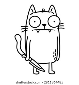 A cute, crazy cat holding a knife. A black-and-white vector line art illustration 