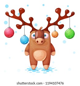 Cute, crazy, cute derr illustration. Happy new year. Flakes, snow ball Vector eps 10