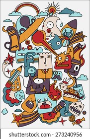 Cute crazy doodles life vector illustration, doodle drawing style. Design Elements