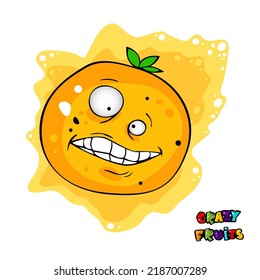 Cute crazy fruit collection, one of them orange. Cartoon character for your food design. Healthy food concept. Vegan, vegetarian and diet, sport food. Smoothies and juices, jams.