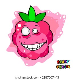 Cute crazy fruit collection, one of them raspberry. Cartoon character for your food design. Healthy food concept. Vegan, vegetarian and diet, sport food. Smoothies and juices, jams.