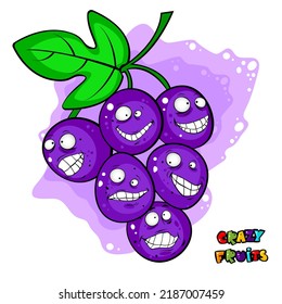 Cute crazy fruit collection, one of them grape. Cartoon character for your food design. Healthy food concept. Vegan, vegetarian and diet, sport food. Smoothies and juices, jams.