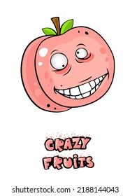 Cute crazy fruit collection, one of them peach. Cartoon character for your food design. Healthy food concept. Vegan, vegetarian and diet, sport food. Smoothies and juices, jams.
