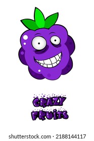 Cute crazy fruit collection, one of them blackberry. Cartoon character for your food design. Healthy food concept. Vegan, vegetarian and diet, sport food. Smoothies and juices, jams.