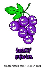 Frische Obstsammlung, eine davon Traube. Cartoon-Charakter für Ihr Lebensmitteldesign. Konzept für gesunde Lebensmittel. Veganisch, vegetarisch und diätetisch, sportliches Essen. Smoothies und Säfte, Konfitüren.