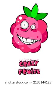 Cute crazy fruit collection, one of them raspberry. Cartoon character for your food design. Healthy food concept. Vegan, vegetarian and diet, sport food. Smoothies and juices, jams.