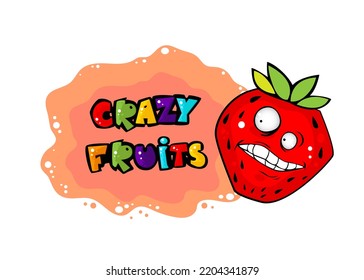 Cute crazy fruit stikers collection, one of them strawberry. Cartoon character for your food design. Healthy food concept. Vegan, vegetarian and diet, sport food. Smoothies and juices, jams.