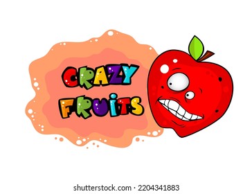 Cute crazy fruit stikers collection, one of them apple. Cartoon character for your food design. Healthy food concept. Vegan, vegetarian and diet, sport food. Smoothies and juices, jams.