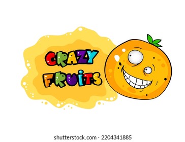 Cute crazy fruit stikers collection, one of them orange. Cartoon character for your food design. Healthy food concept. Vegan, vegetarian and diet, sport food. Smoothies and juices, jams.