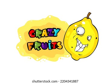 Cute crazy fruit stikers collection, one of them lemon. Cartoon character for your food design. Healthy food concept. Vegan, vegetarian and diet, sport food. Smoothies and juices, jams.