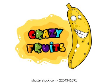 Cute crazy fruit stikers collection, one of them banana. Cartoon character for your food design. Healthy food concept. Vegan, vegetarian and diet, sport food. Smoothies and juices, jams.