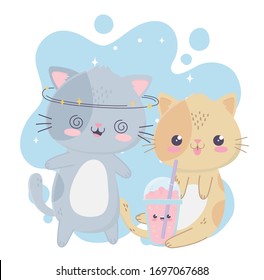 cute crazy gray cat and kitty with milkshake kawaii cartoon character vector illustration