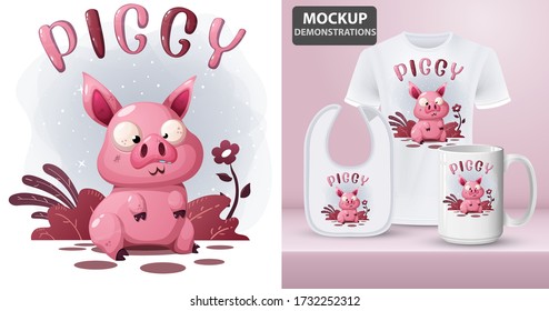 Cute crazy pig sitting on the farm vector illustration and merchandise