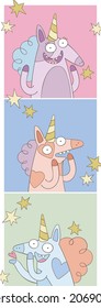 Unicornios locos. Animales mágicos de dibujos animados. Establecer. Estrellas. Objeto vectorial aislado. Dibujo de color. 