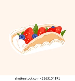 Cute cream bun with strawberry, mint, berry vector. Japan Asian food illustration isolated on white background