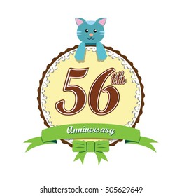 cute cream color circle with blue doll and green ribbon 56th anniversary design for baby, kids, toys shop, dolls shop, business, and event