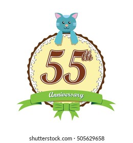 cute cream color circle with blue doll and green ribbon 55th anniversary design for baby, kids, toys shop, dolls shop, business, and event
