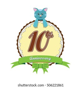 cute cream color circle with blue doll and green ribbon 10th anniversary design for baby, kids, toys shop, dolls shop, business, and event