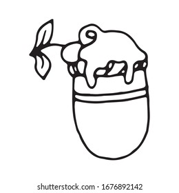 Cute cream dessert in a mug hand drawn vector doodle illustration.Black outlines Isolated on white.Cute decorative element for cafe or restaurant menu design, food infographic and printed materials.