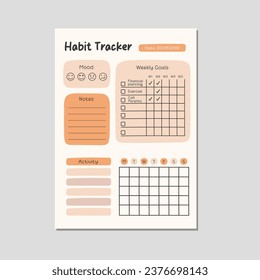 Cute Cream Hand drawn A4 Habit Tracker and Planner Template - Printable Vertical Notebook Page for Daily, Weekly, Monthly, Yearly Planning and Goal Setting