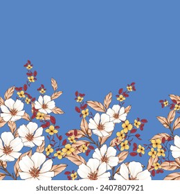 cute cream seamless vector stock flowers with leaf border pattern on blue background