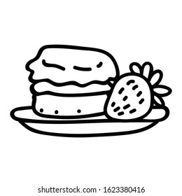 Cute cream tea pastry scone with cream and strawberry clipart. Hand drawn traditional cafe. Pastisserie fruit lineart in flat color. Monochrome isolated sweet, British, treat. Vector EPS 10.