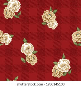 cute cream vector flowers bunches pattern on texture negative red background