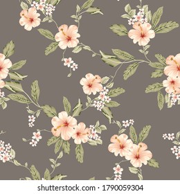 cute cream vector flowers with green leaves pattern on brown background