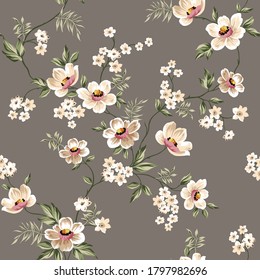 cute cream vector flowers with green leaves pattern on brown background