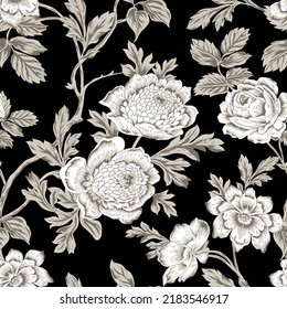 cute cream vector stock flowers with leaves pattern on black background