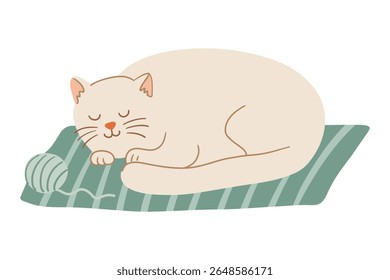 Cute cream-colored cat sleeping on a green striped blanket with a ball of yarn. Cozy autumn hygge scene in hand drawn flat style