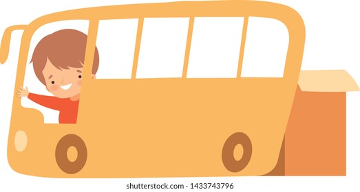 Cute Creative Boy Character Driving Bus Made of Cardboard Boxes Cartoon Vector Illustration