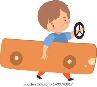 Cute Creative Boy Character Driving Toy Car Made of Cardboard Box Cartoon Vector Illustration