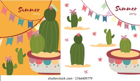 Cute and creative cactus card. cactus with decoration flags. a summer card with a flowering cactus. cactus on aesthetic or patterned flower pots