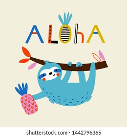 Cute creative card template with blue sloth and pineapple: Aloha. Hand Drawn. For birthday, anniversary, party invitations. Vector illustration. Red, yellow, blue.