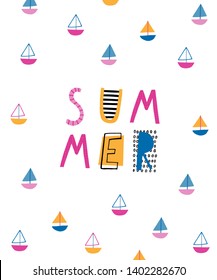 Cute creative card template with boat theme design: Summer. Hand Drawn. For birthday, anniversary, party invitations. Vector illustration. Pink, yellow, blue.