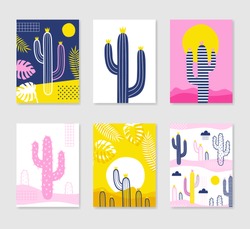 Cuta Plantilla Creativa Con Cactus. Ilustración Dibujada A Mano. Ilustración Vectorial En Colores Azul, Rosa Y Amarillo.