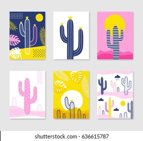 Cute creative card template with cactus. Hand Drawn illustration. Vector illustration in blue, pink and yellow colors.