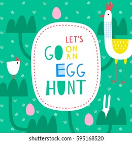 Cute creative card template with Easter theme design. Hand Drawn. Hand Drawn card for Easter, egg hunt, party invitations, scrapbooking. Vector illustration in bright colors.