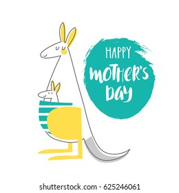 Cute creative card template: Happy Mother’s day. Hand Drawn illustration with mother-kangaroo and baby- kangaroo for Mother's day. Vector illustration in turquoise, yellow and gray colors.