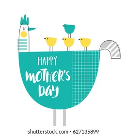 Cute creative card template: Happy Mother’s day. Hand Drawn illustration with hen and chickens for Mother's day. Vector illustration in turquoise, yellow and gray colors.