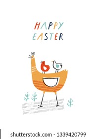 Cuta plantilla creativa con gallinas y gallinas. Tarjeta Drenada a Mano para Pascua, caza de huevos, invitaciones a fiestas, scrapbooking. Ilustración vectorial en colores brillantes.