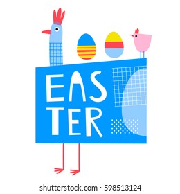 Cute creative card template with hen and eggs. Hand Drawn card for Easter, egg hunt, party invitations, scrapbooking. Vector illustration in bright colors.