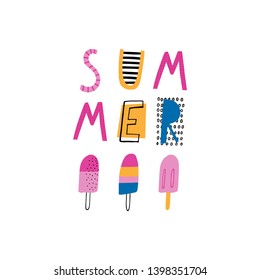 Cute creative card template with ice cream theme design: Summer! Hand Drawn. For birthday, anniversary, party invitations. Vector illustration. Pink, yellow, blue.
